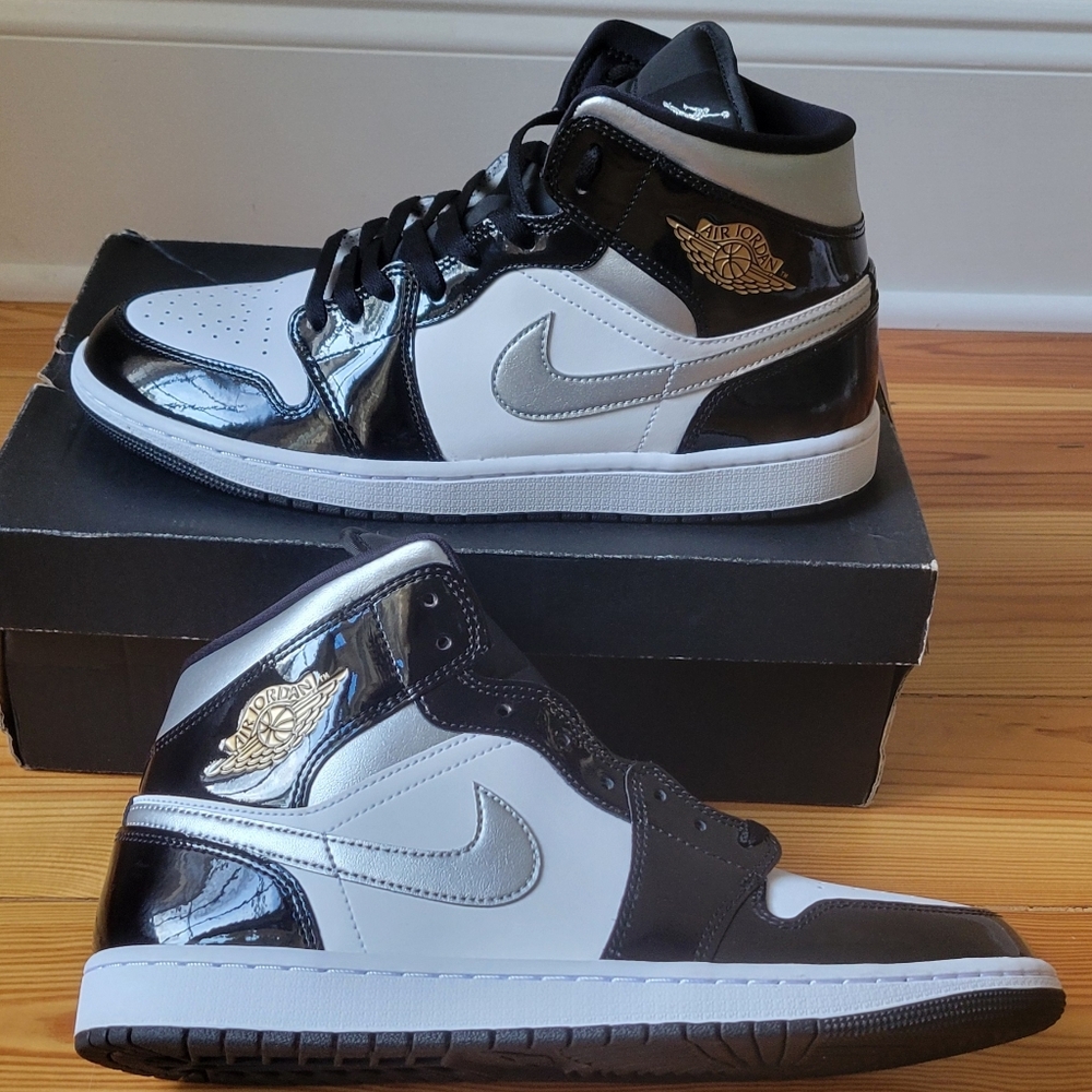 Jordan 1 Mid SE 'Patent Blk/Wht Silver Metallic Gold'